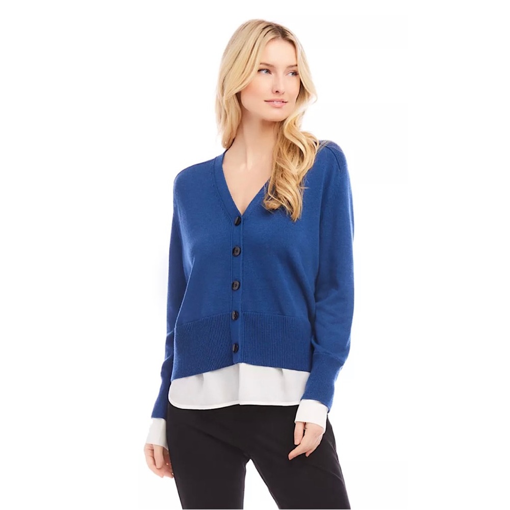 Karen Kane Linett Layered Sweater Cardigan in Blue and White large